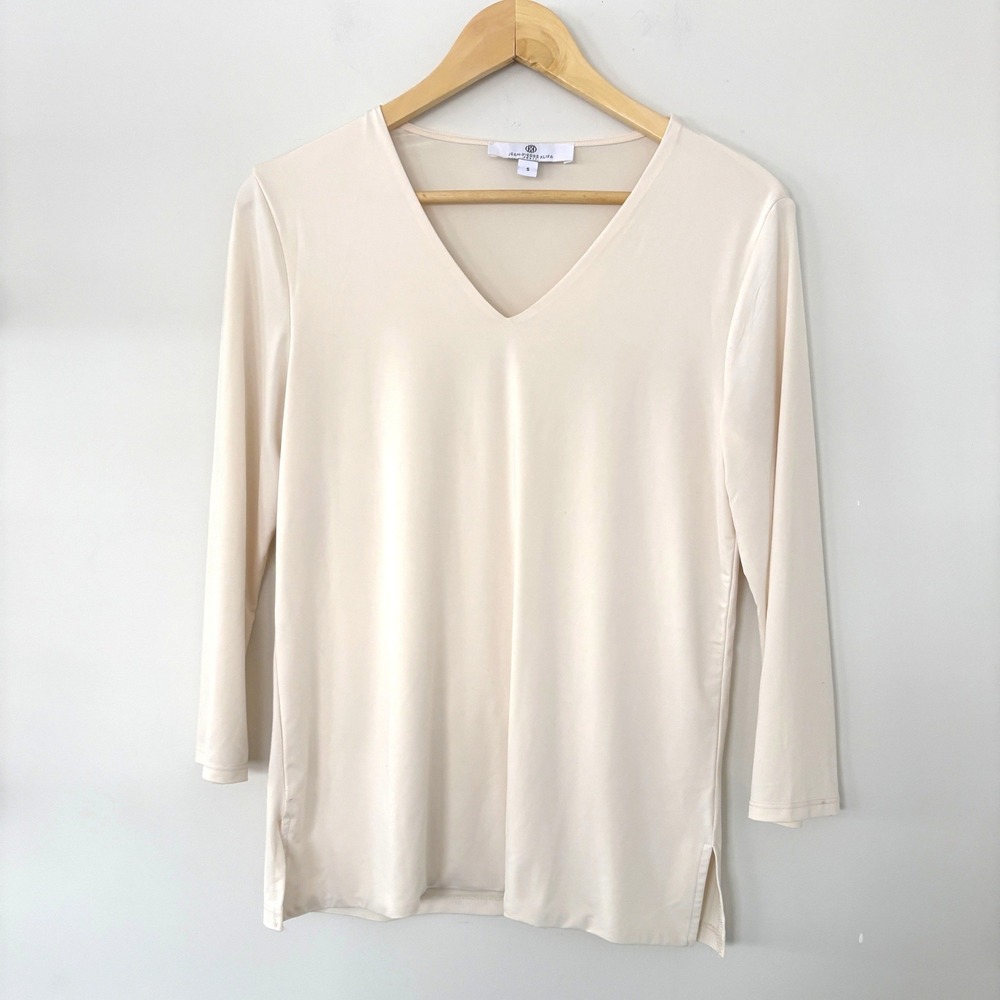 Jean-Pierre Klifa Paris Cream V-Neck 3/4 Sleeve Top Small Side‎ Slit Tunic